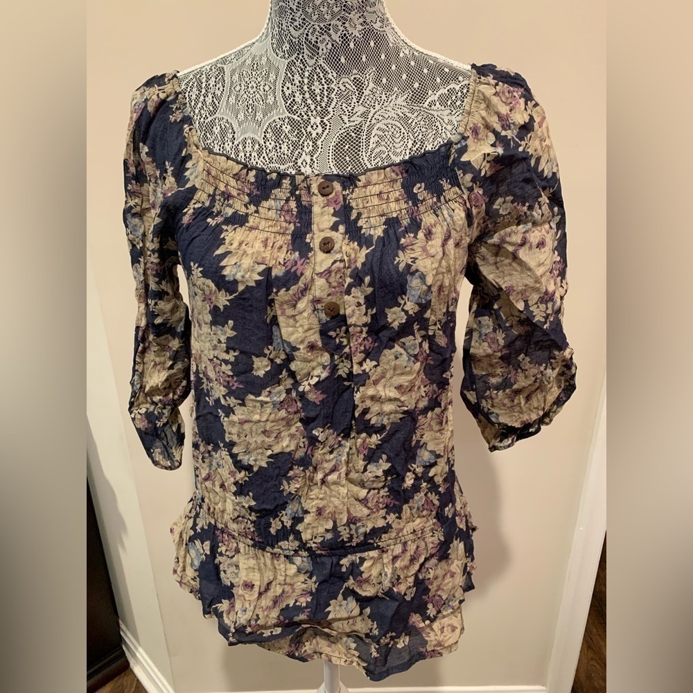 Edge Sheer Floral Fairy Blouse Shirt Top On Or Off Shoulder Small Tiered Ruffle